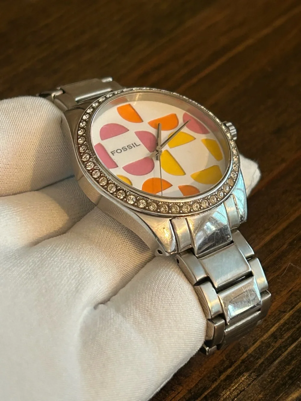 Fossil Silver Bracelet Watch with Pink, Orange and Yellow Accents